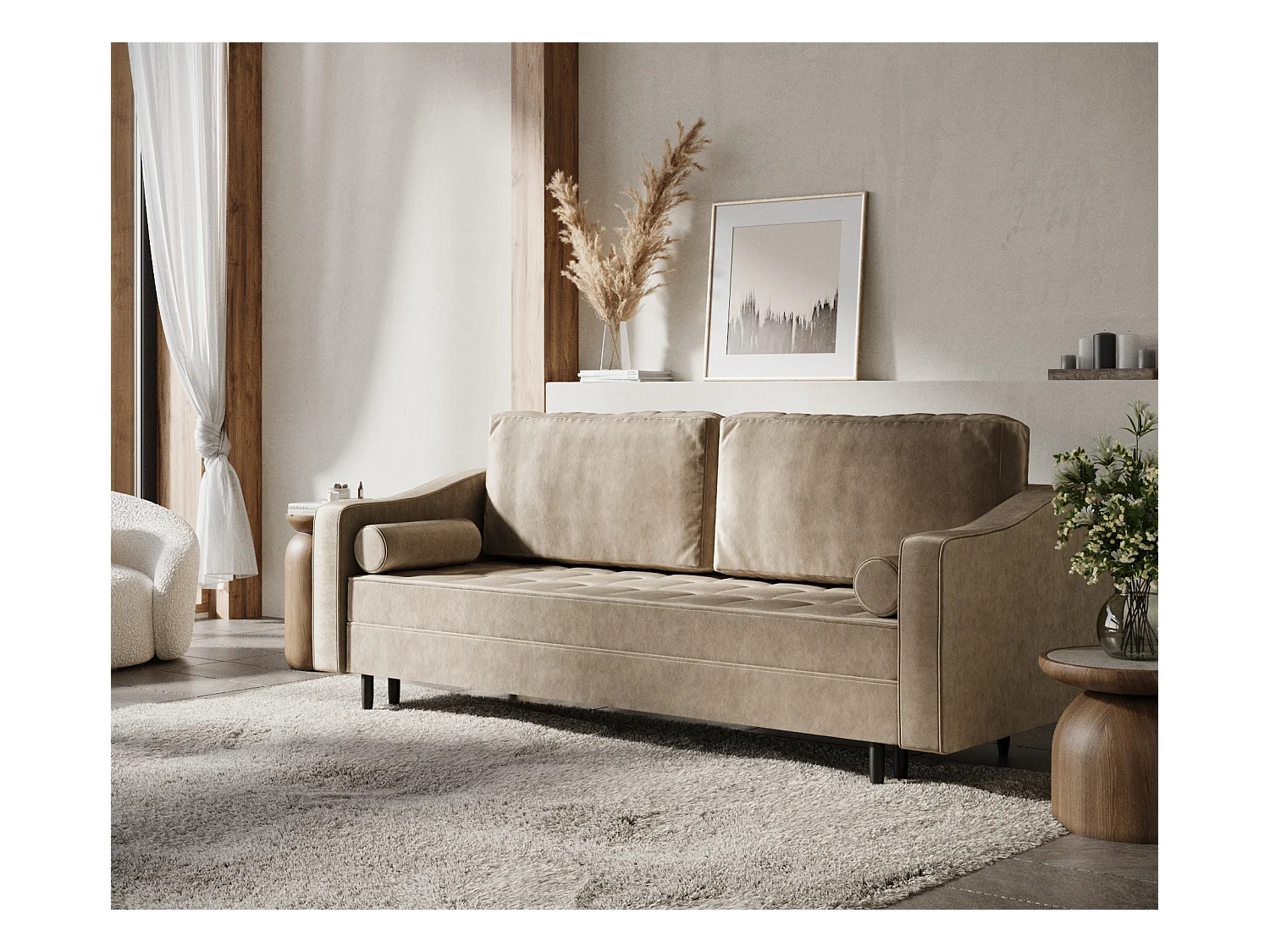 Sofa mit Schlaffunktion Zyia - Samtstoff - Drei-Personen - beige