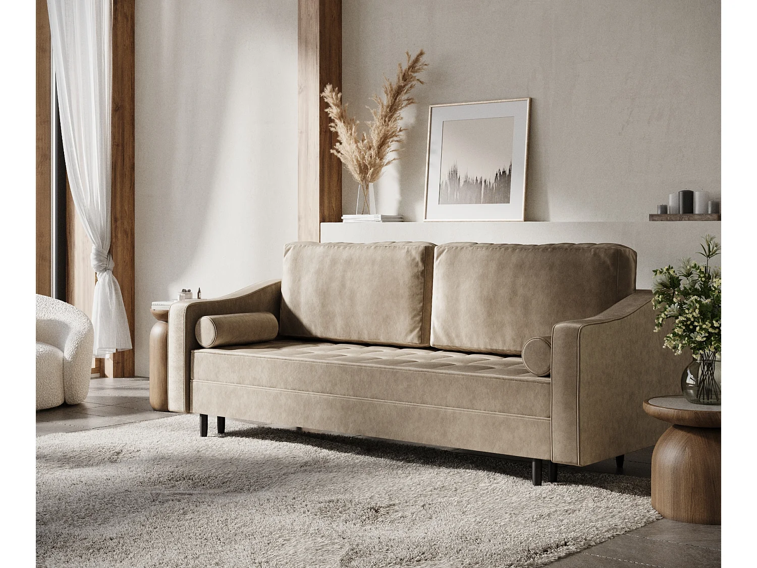 Canapé convertible Zyia - velours - 3 places - beige