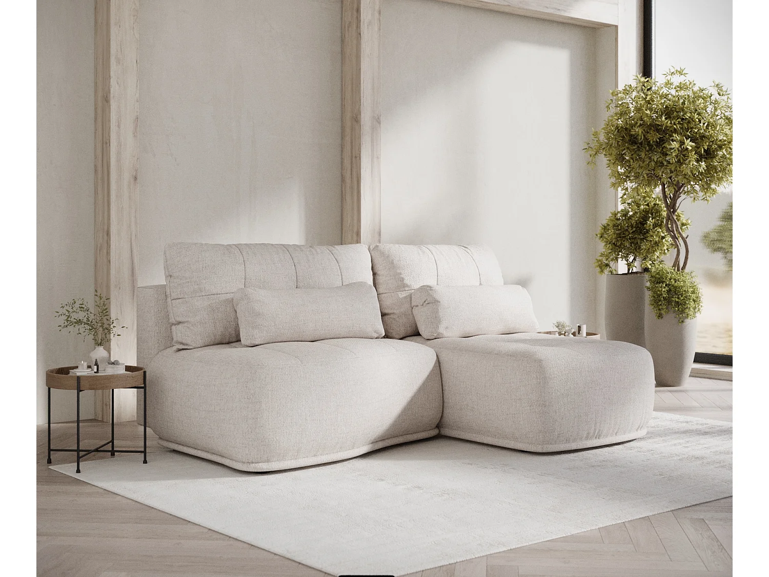 Canapé d'angle convertible Batu - toile tissée - 3 places - beige