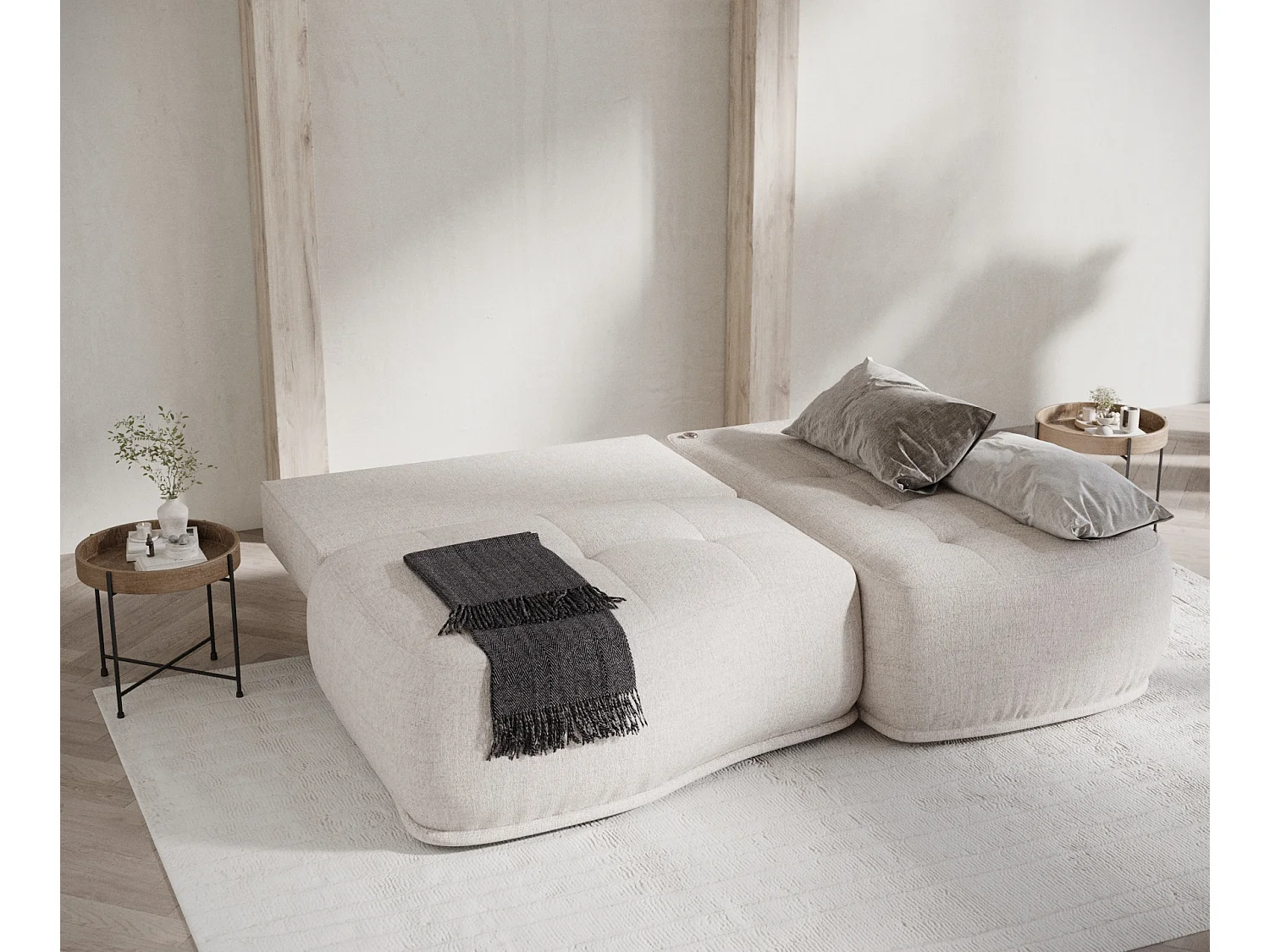 Canapé d'angle convertible Batu - toile tissée - 3 places - beige