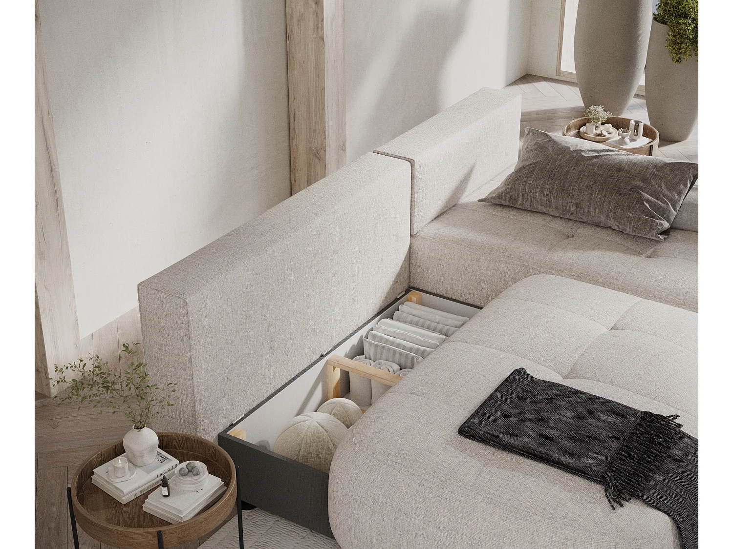 Canapé d'angle convertible Batu - toile tissée - 3 places - beige