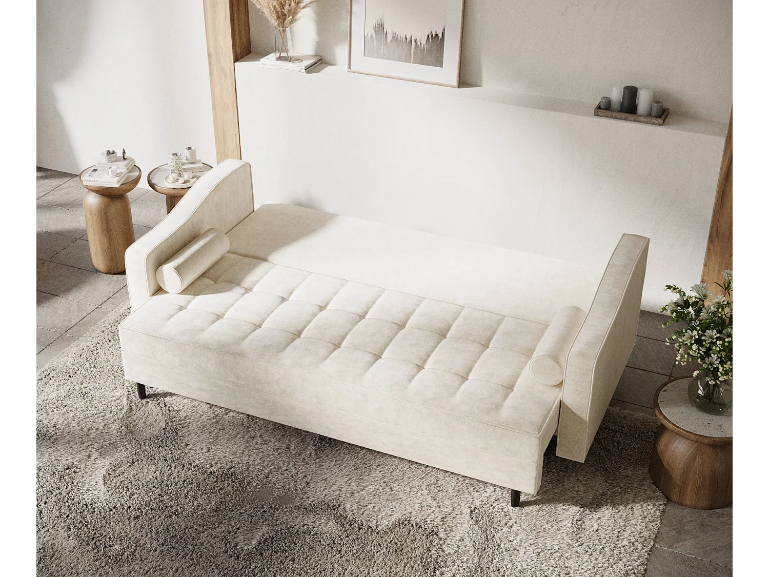 Canapé convertible Zyia - velours - 3 places - ivoire