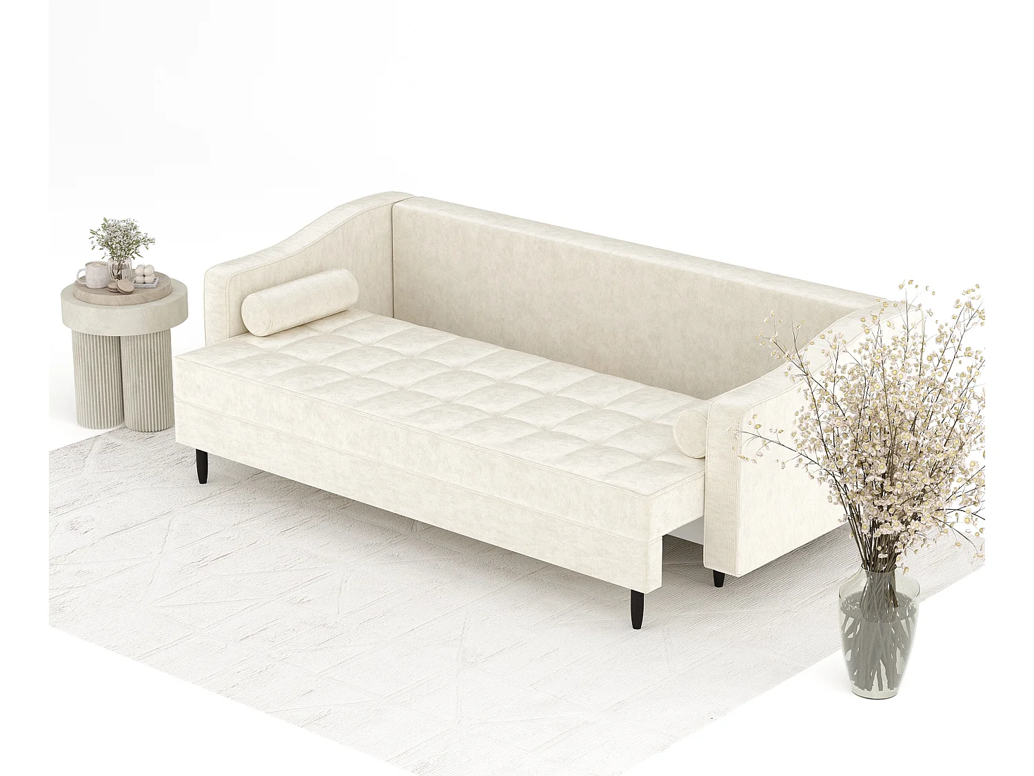 Canapé convertible Zyia - velours - 3 places - ivoire