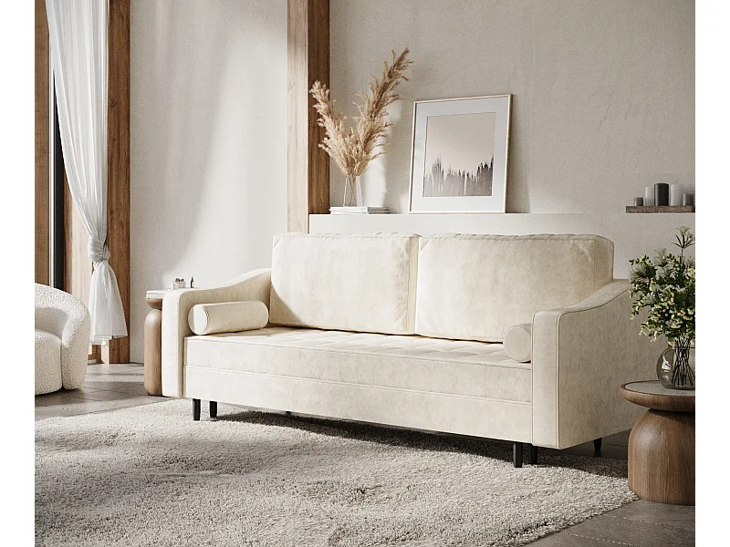 Sofa mit Schlaffunktion Zyia - Samtstoff - Drei-Personen - elfenbeinfarbe