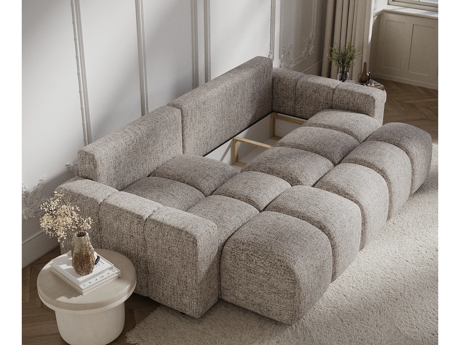 Canapé d'angle convertible Ucci - toile tissée - 4 places - brun clair