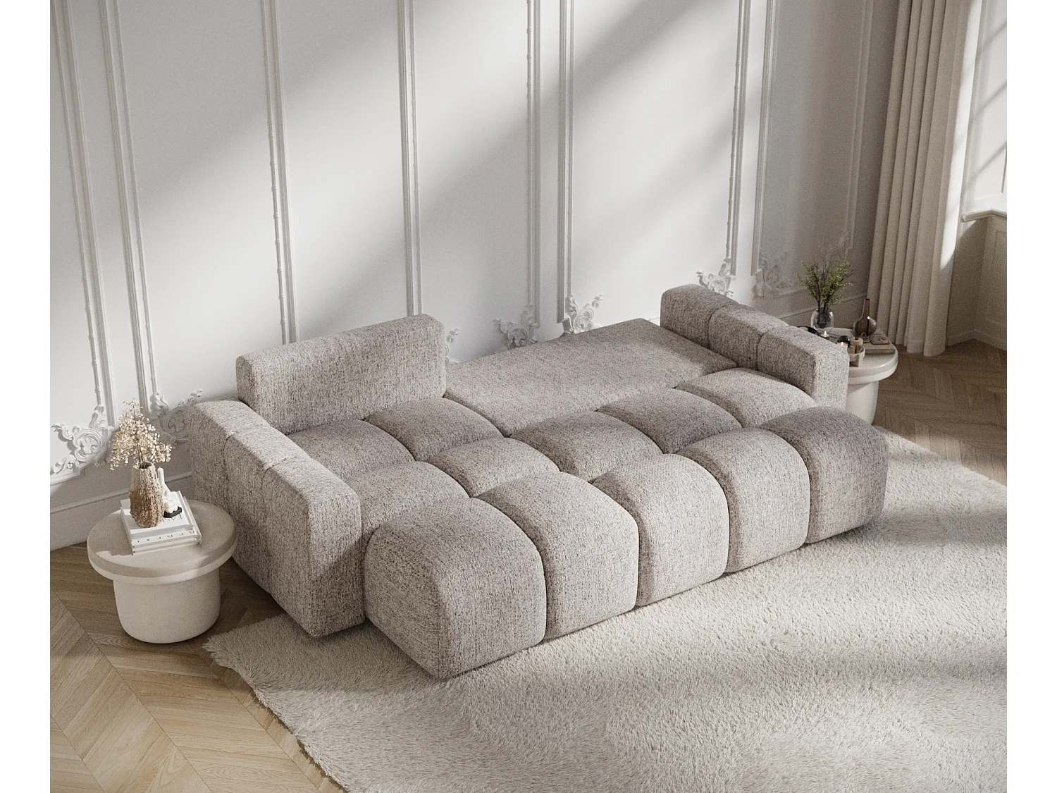 Canapé d'angle convertible Ucci - toile tissée - 4 places - brun clair