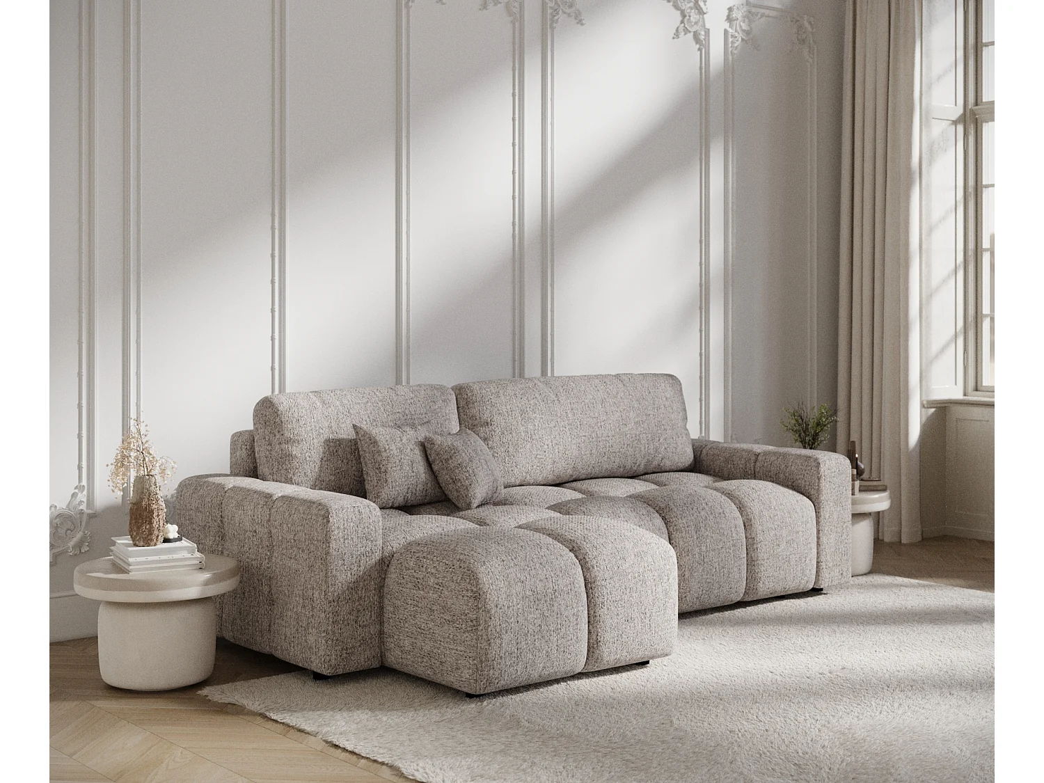 Canapé d'angle convertible Ucci - toile tissée - 4 places - brun clair