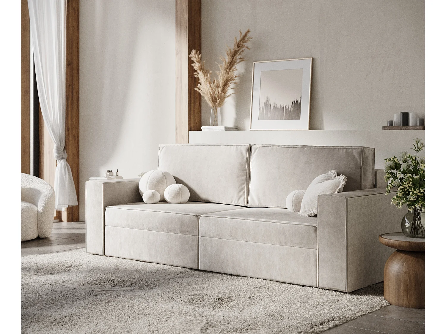 Canapé convertible Leo - velours - 3 places - creme