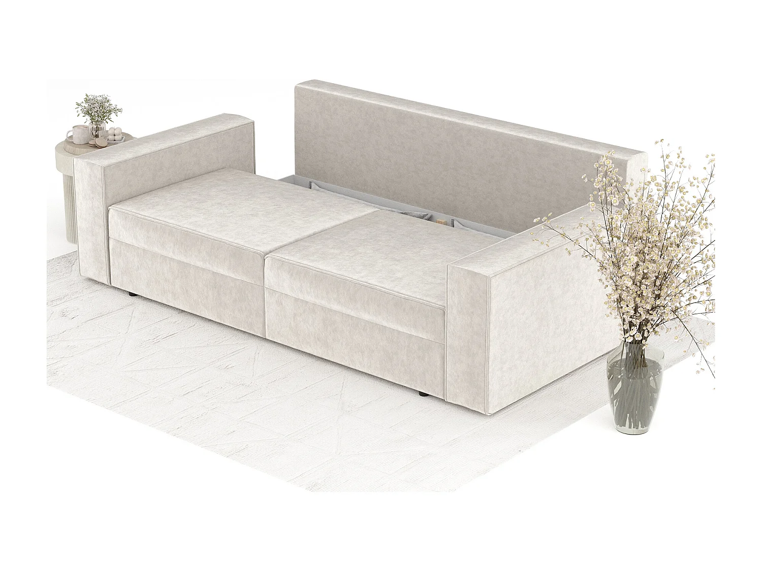 Canapé convertible Leo - velours - 3 places - creme