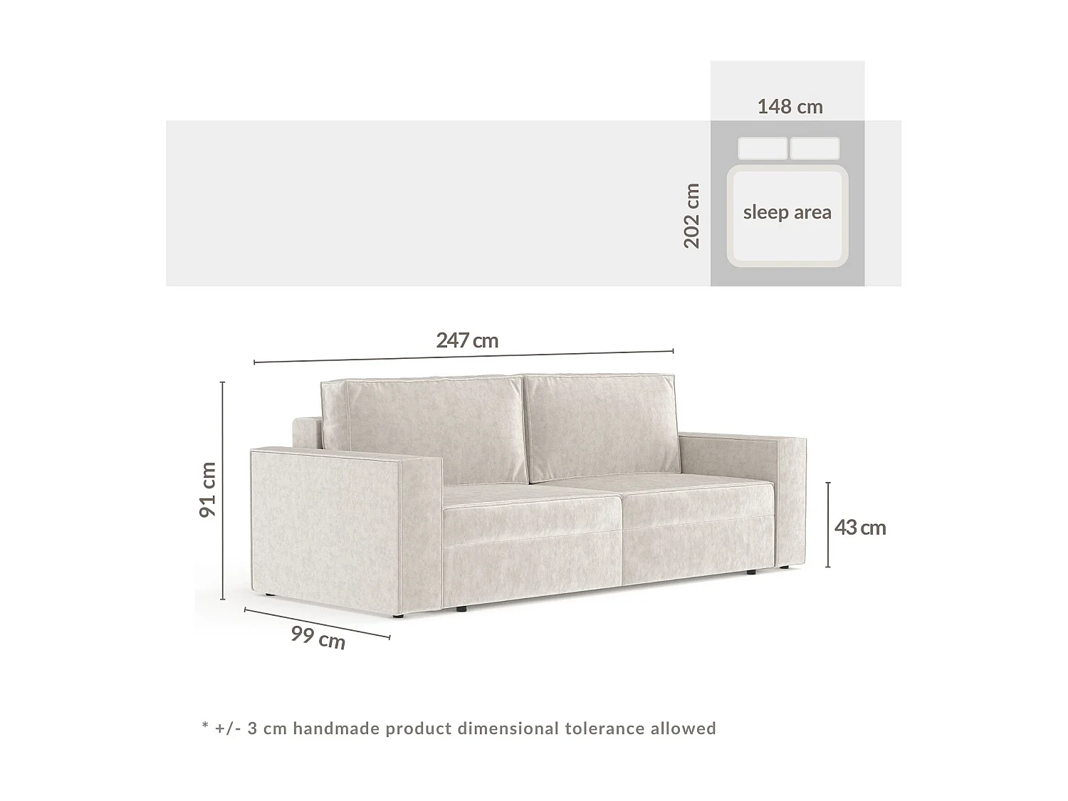 Canapé convertible Leo - velours - 3 places - creme