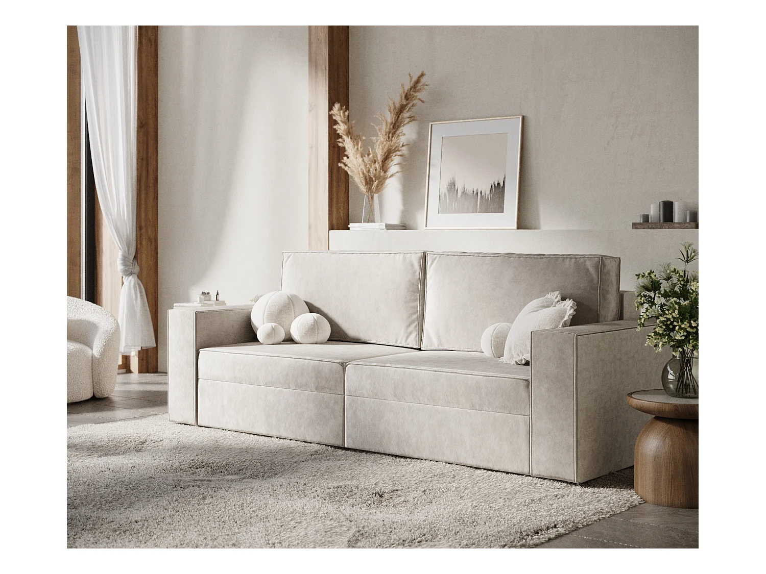 Canapé convertible Leo - velours - 3 places - creme