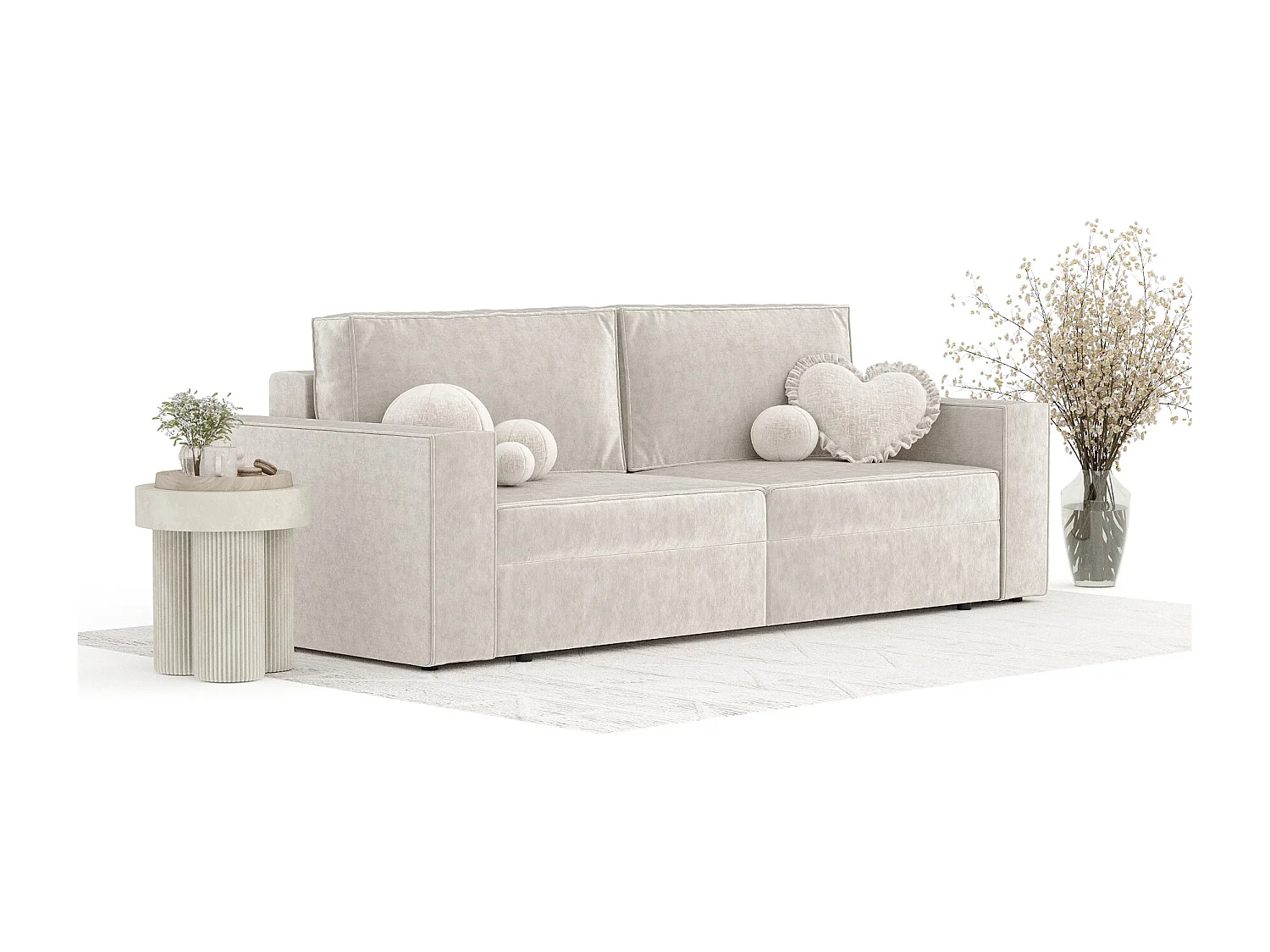 Canapé convertible Leo - velours - 3 places - creme