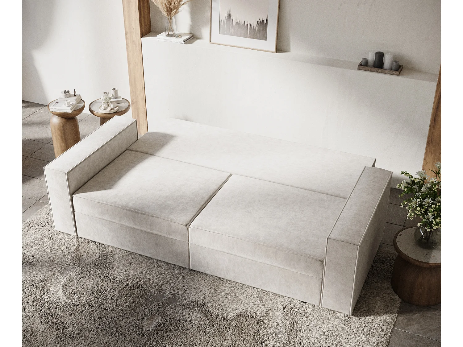 Canapé convertible Leo - velours - 3 places - creme