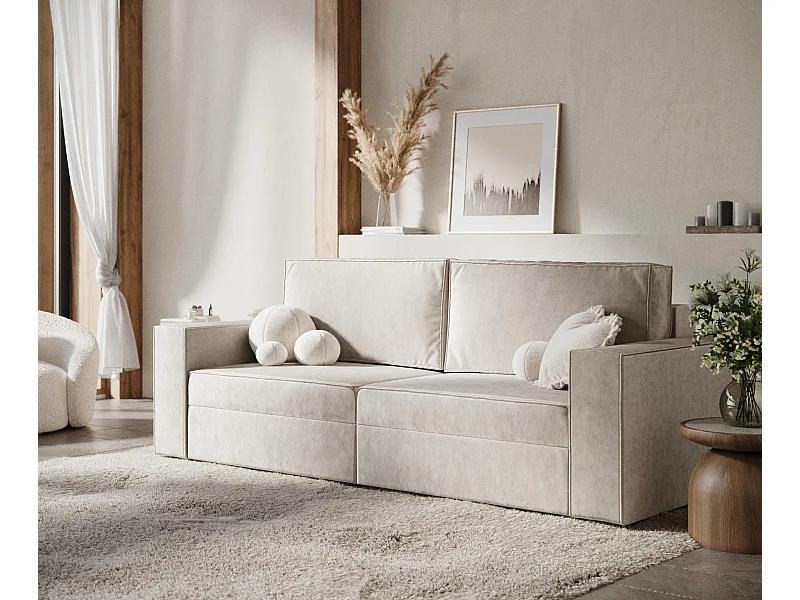 Sofa rozkładana Leo - welwet - trzyosobowa - kremowy