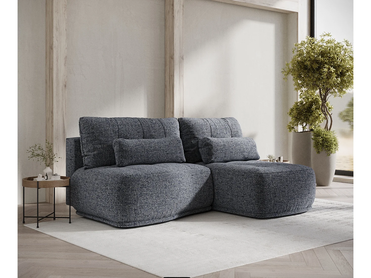 Canapé d'angle convertible Batu - toile tissée - 3 places - bleu marine