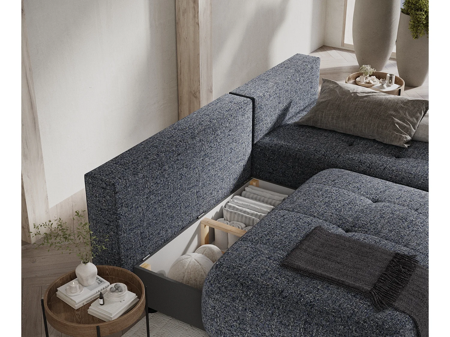 Canapé d'angle convertible Batu - toile tissée - 3 places - bleu marine