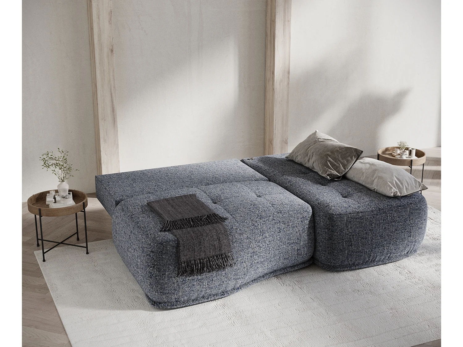 Canapé d'angle convertible Batu - toile tissée - 3 places - bleu marine