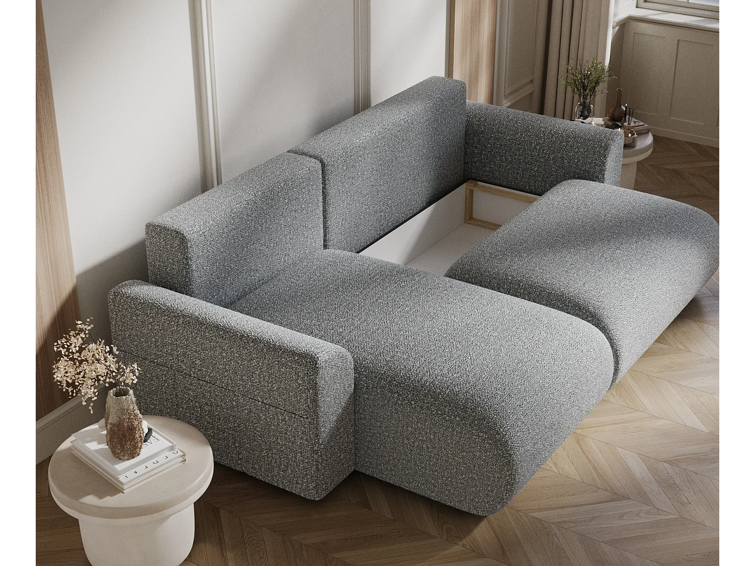 Canapé d'angle convertible Bodega - boucle - 4 places - gris