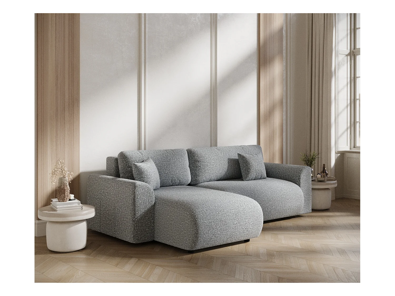 Ecksofa mit Schlaffunktion Bodega - Bouclé-Stoff - 4-Sitzer - grau