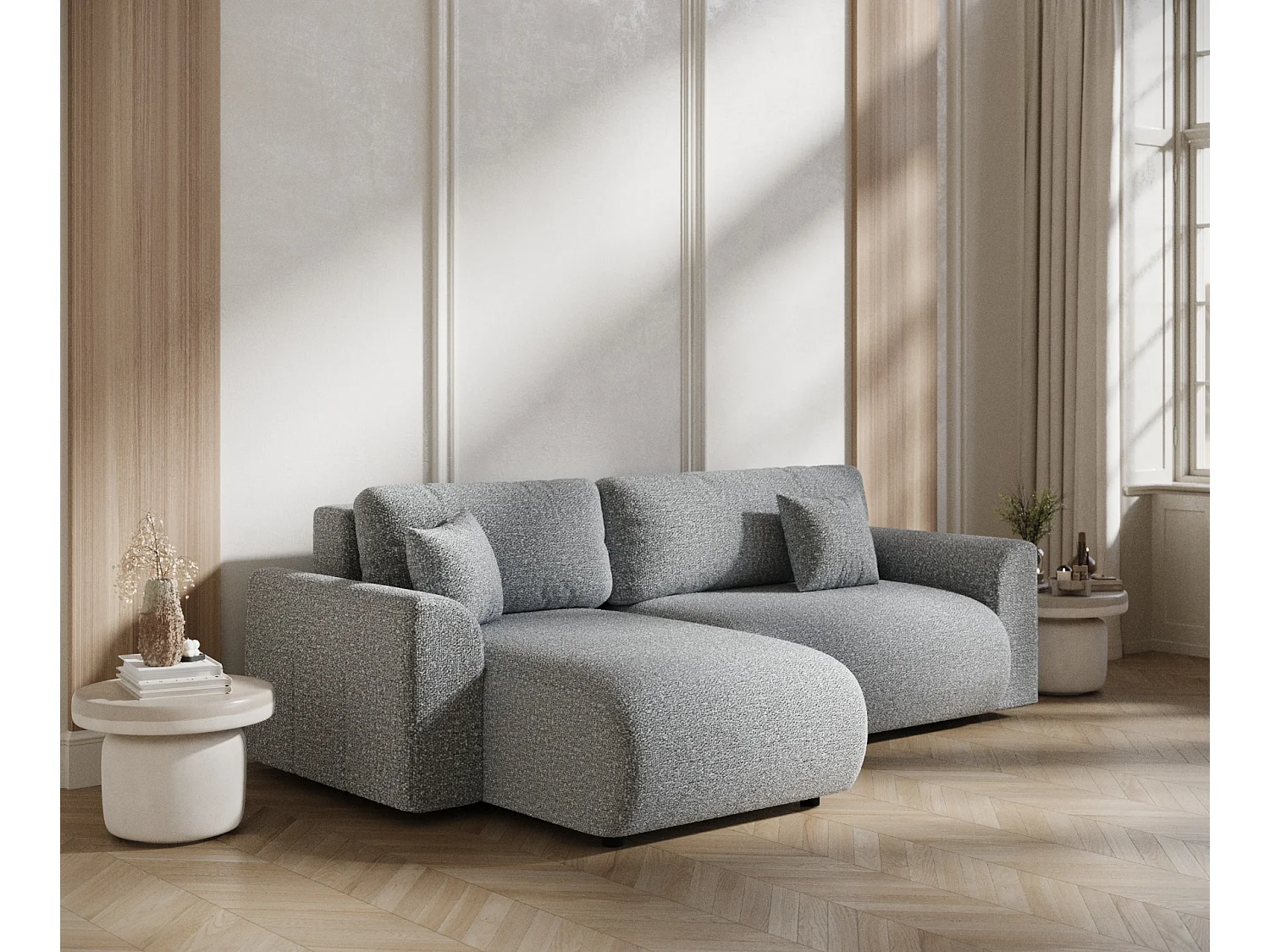 Canapé d'angle convertible Bodega - boucle - 4 places - gris