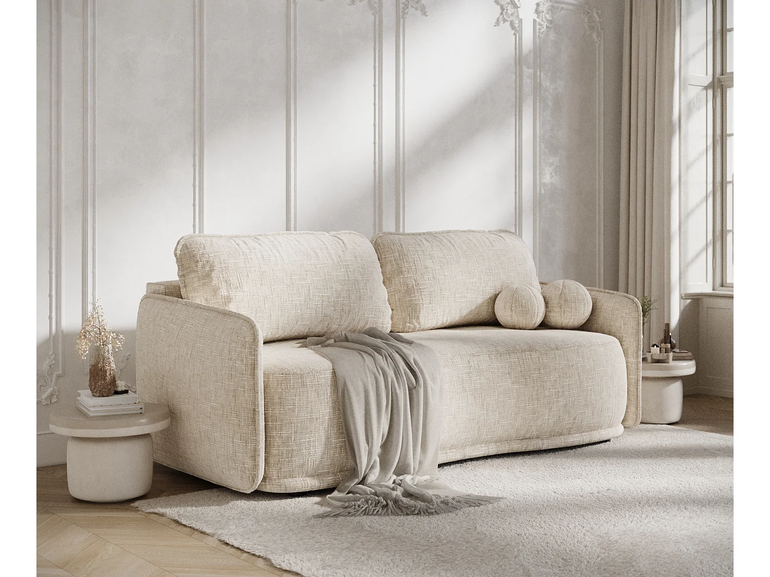 Canapé convertible Mitsis - toile tissée - 3 places - creme