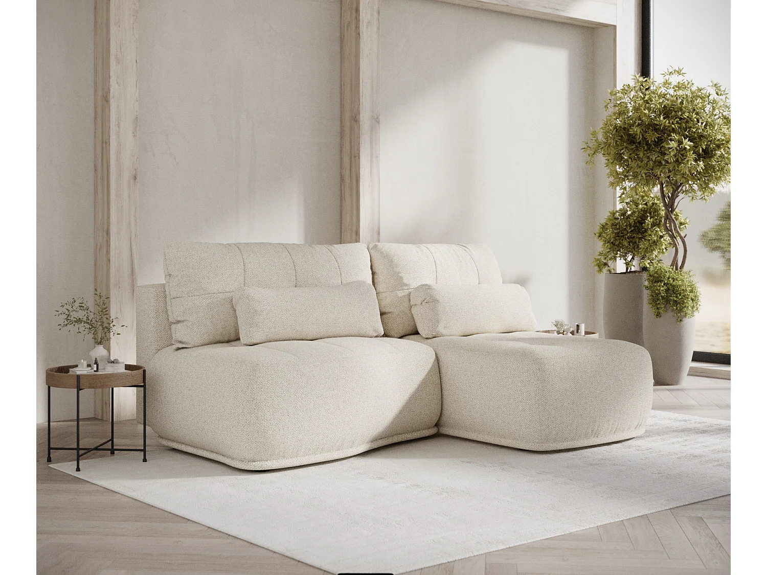 Canapé d'angle convertible Batu - boucle - 3 places - creme