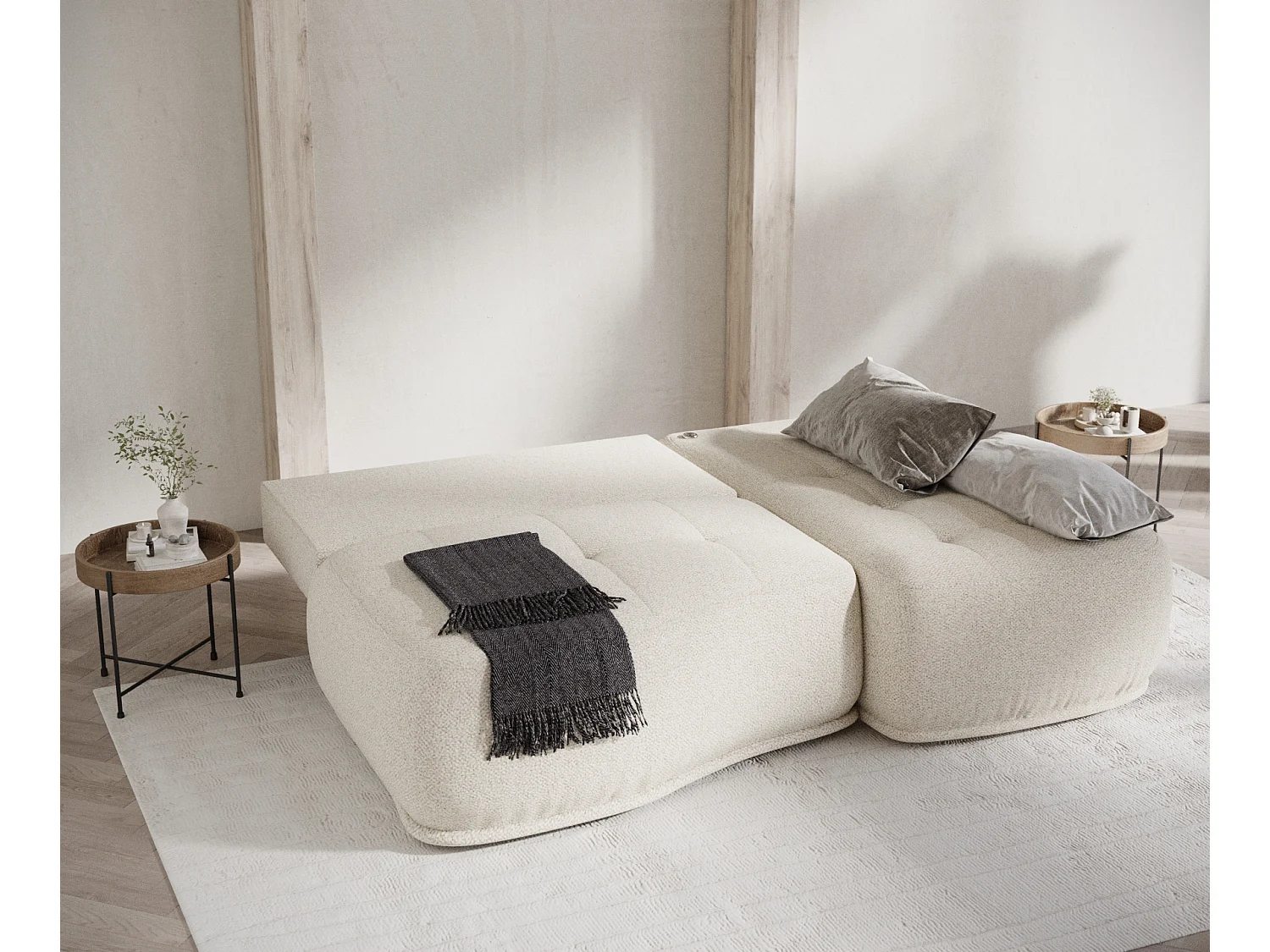 Canapé d'angle convertible Batu - boucle - 3 places - creme