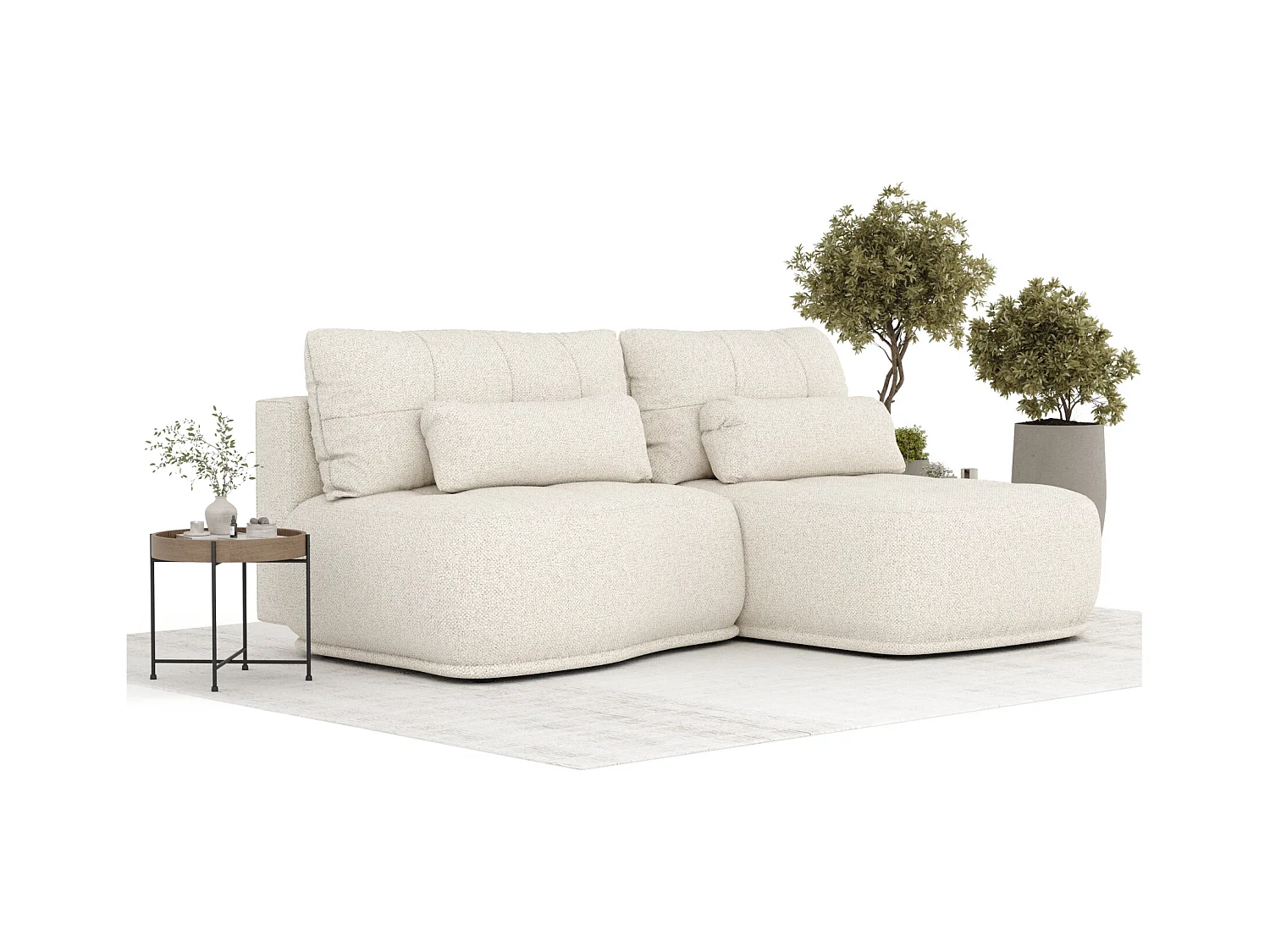Ecksofa mit Schlaffunktion Batu - Boucle-Stoff - Drei-Personen - creme
