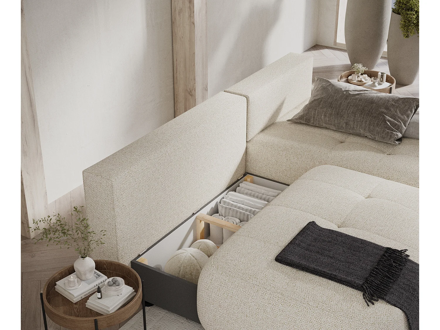 Canapé d'angle convertible Batu - boucle - 3 places - creme