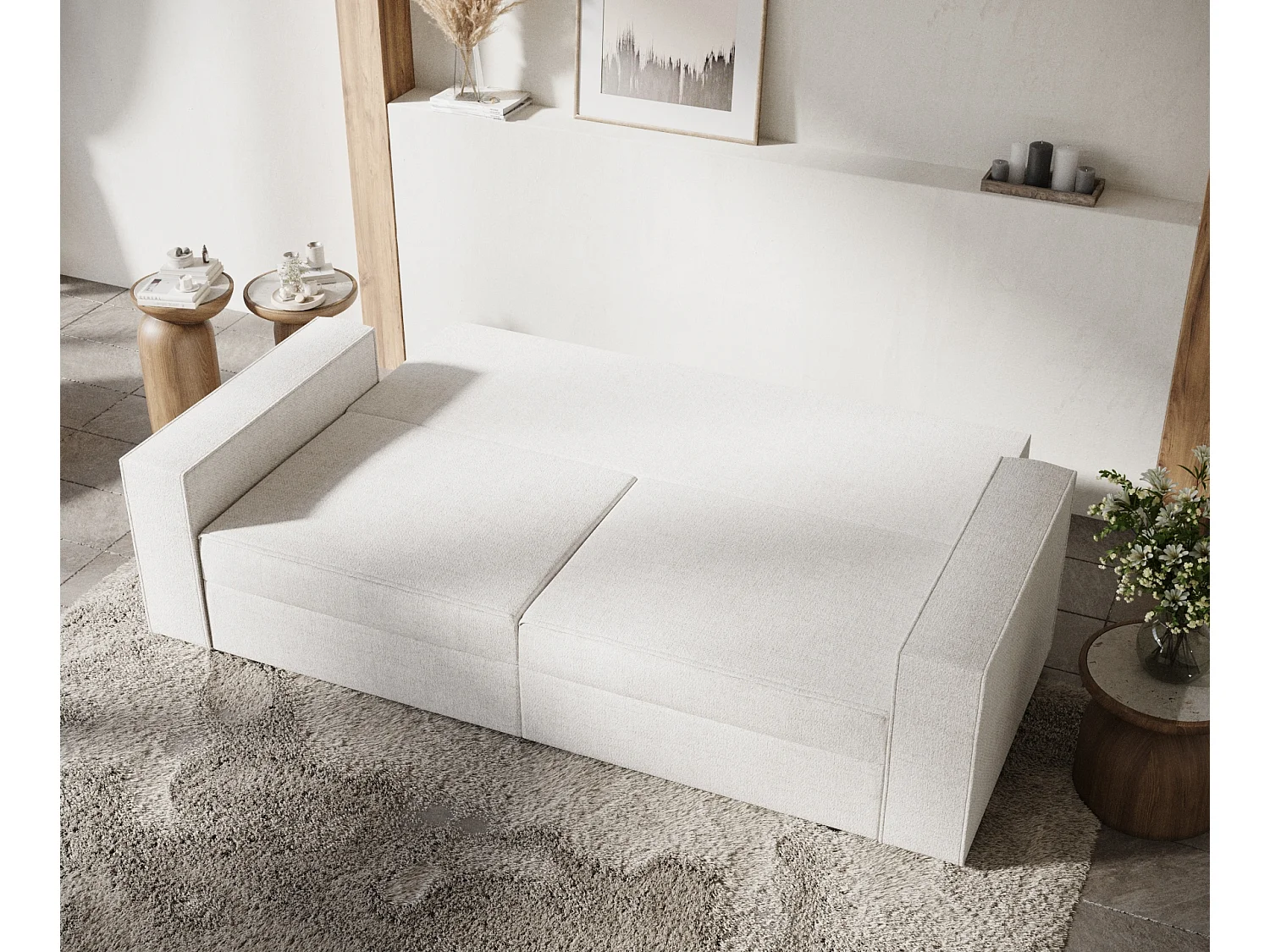 Canapé convertible Leo - toile tissée - 3 places - creme