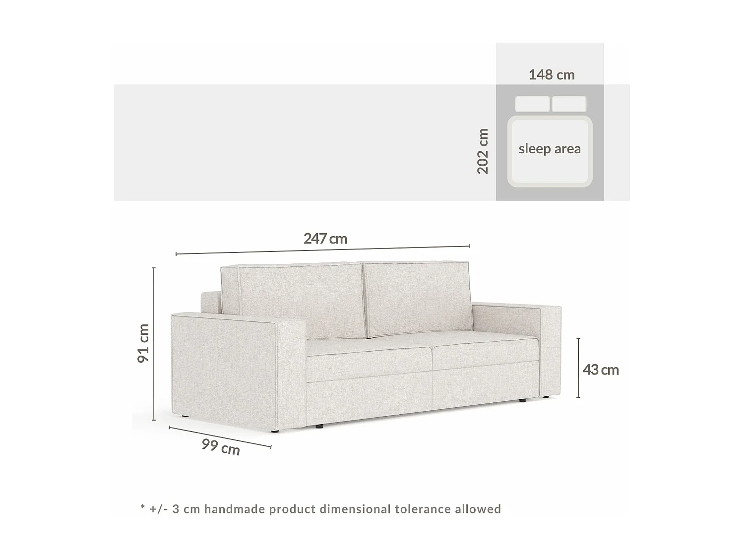 Canapé convertible Leo - toile tissée - 3 places - creme