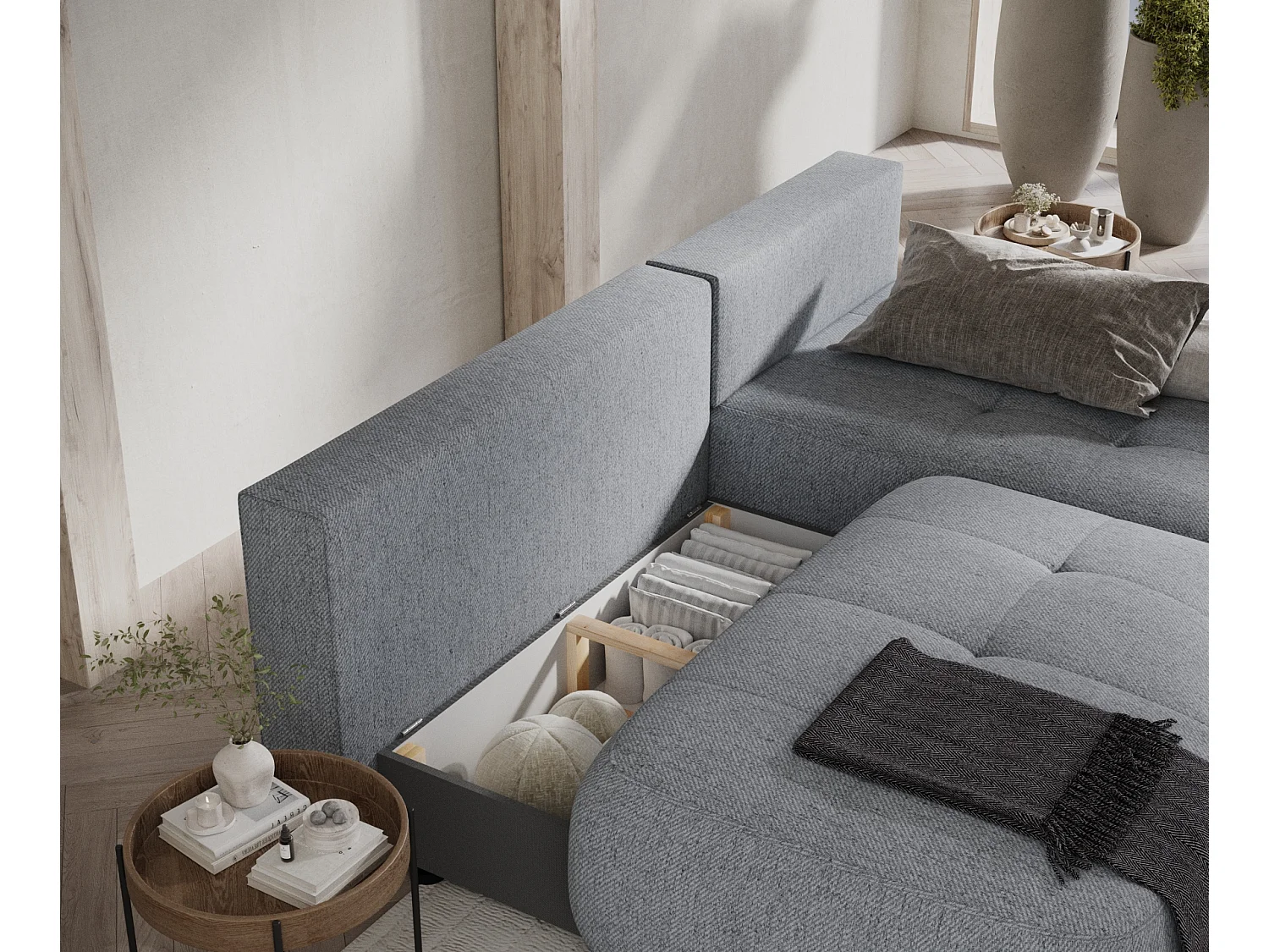 Canapé d'angle convertible Batu - toile tissée - 3 places - gris