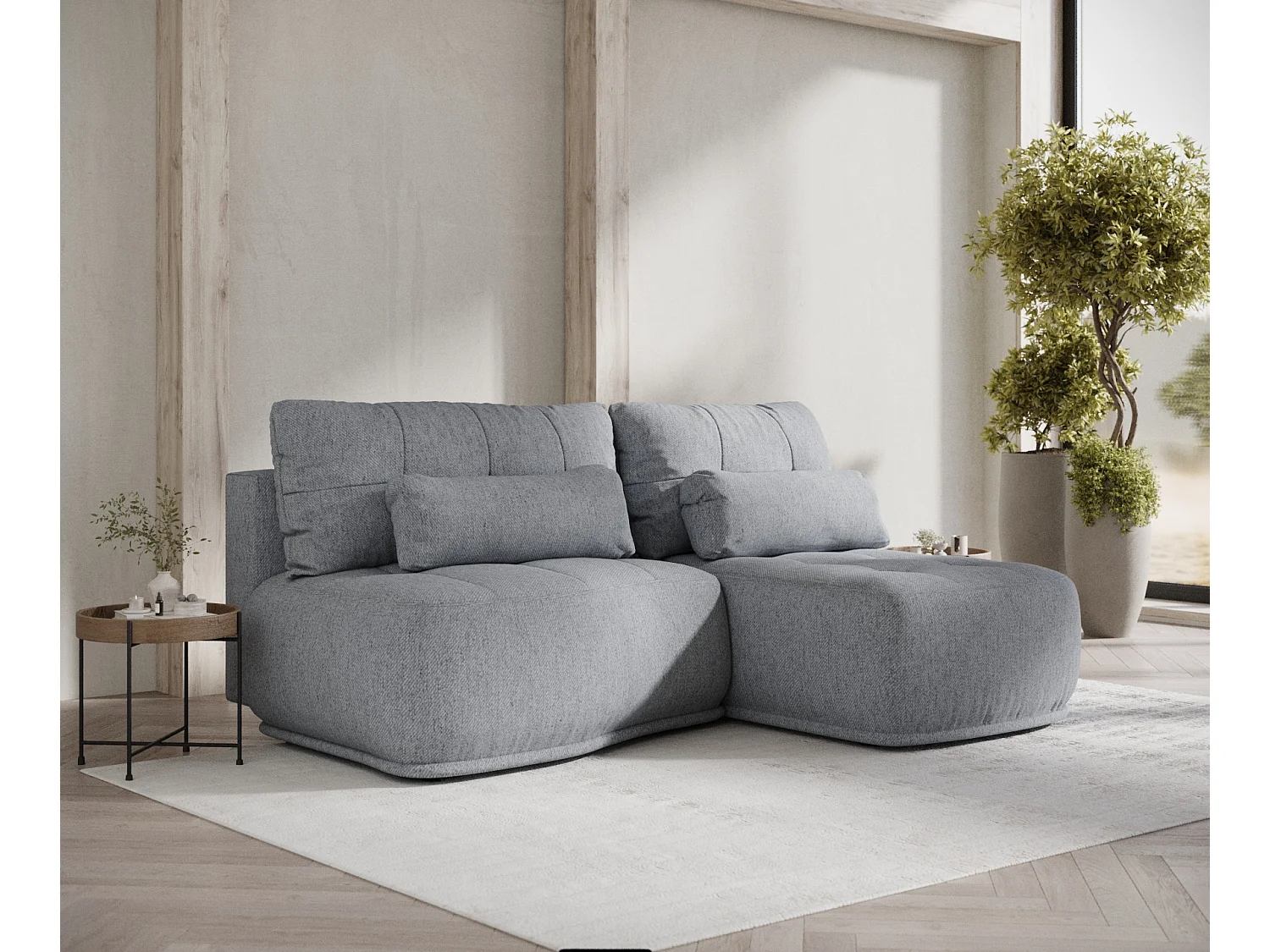 Canapé d'angle convertible Batu - toile tissée - 3 places - gris