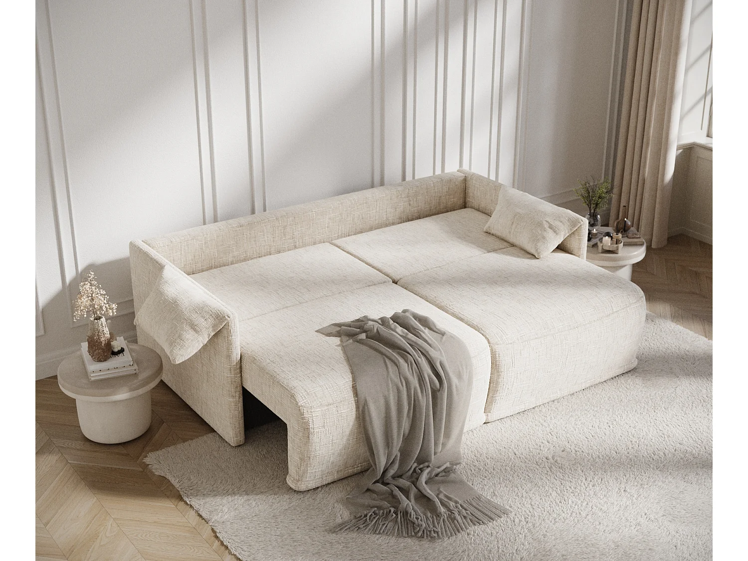 Canapé convertible Nappa - toile tissée - 3 places - creme