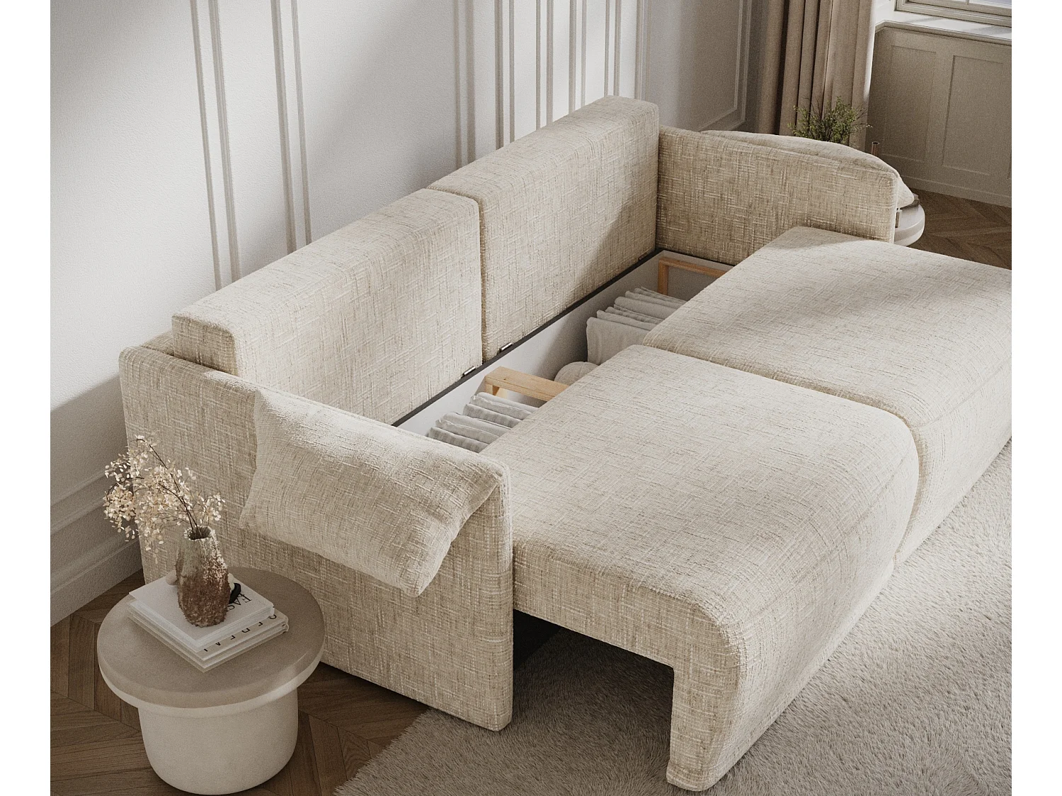 Canapé convertible Nappa - toile tissée - 3 places - creme