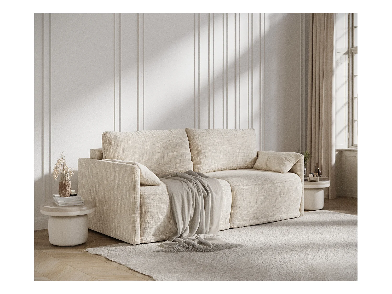 Canapé convertible Nappa - toile tissée - 3 places - creme