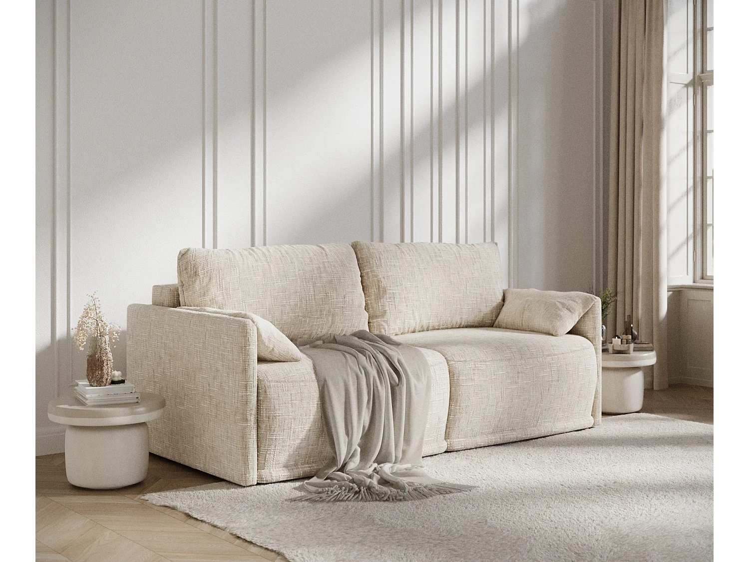 Canapé convertible Nappa - toile tissée - 3 places - creme