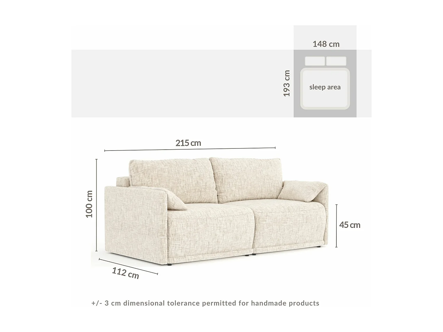 Canapé convertible Nappa - toile tissée - 3 places - creme