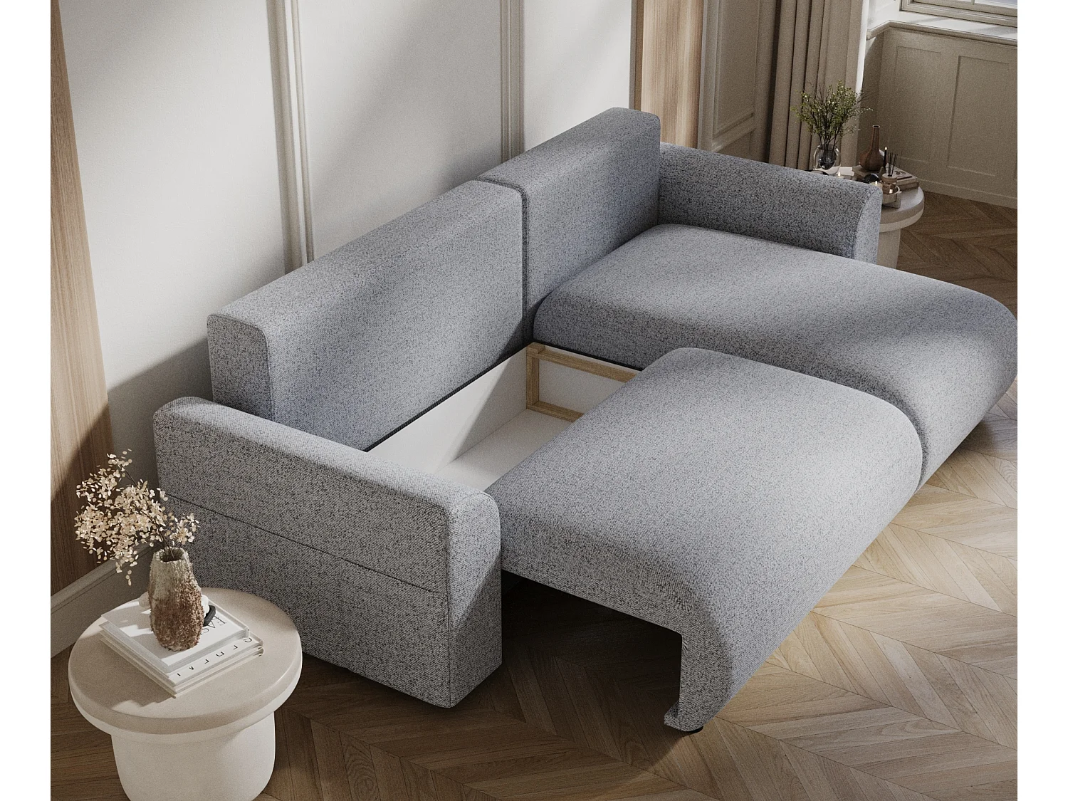 Canapé d'angle convertible Bodega - toile tissée - 4 places - gris