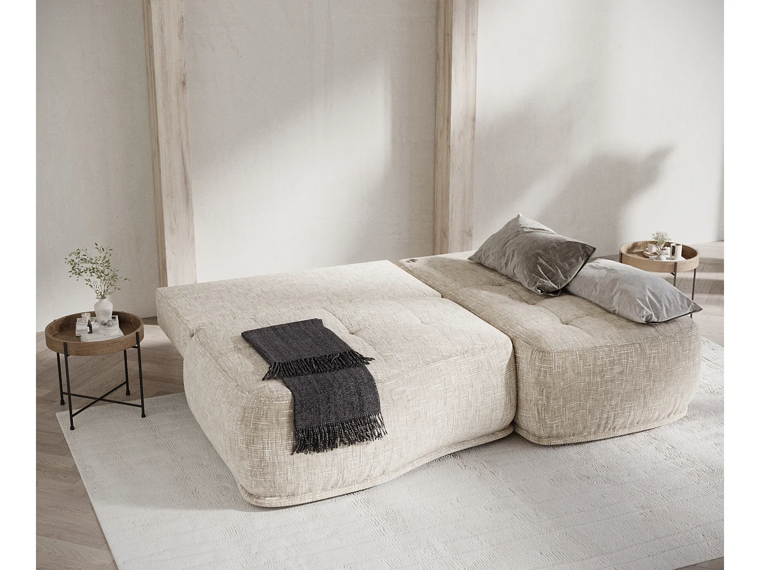 Canapé d'angle convertible Batu - toile tissée - 3 places - creme