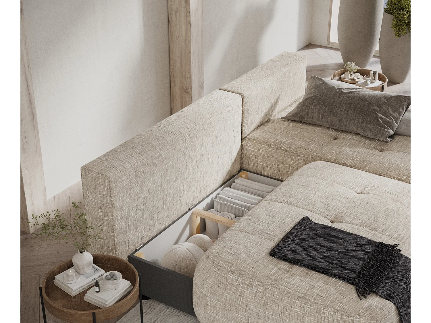 Canapé d'angle convertible Batu - toile tissée - 3 places - creme