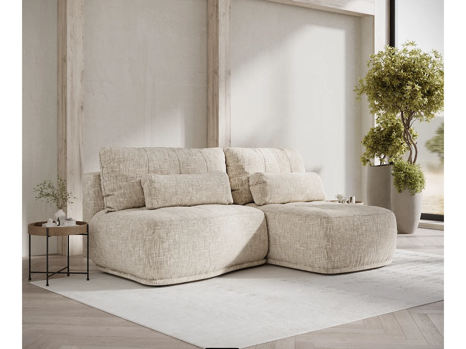 Canapé d'angle convertible Batu - toile tissée - 3 places - creme