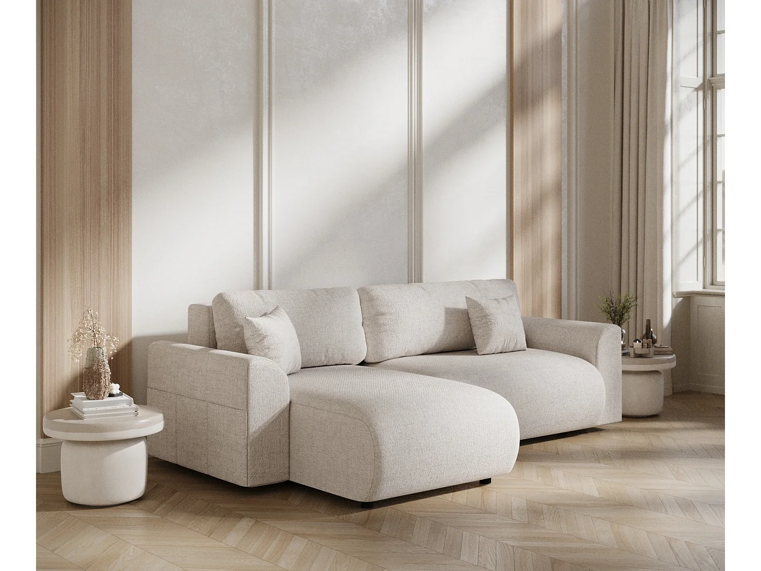 Canapé d'angle convertible Bodega - toile tissée - 4 places - beige