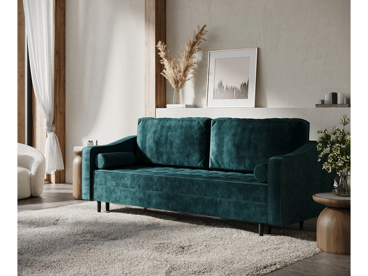 Canapé convertible Zyia - velours - 3 places - turquoise