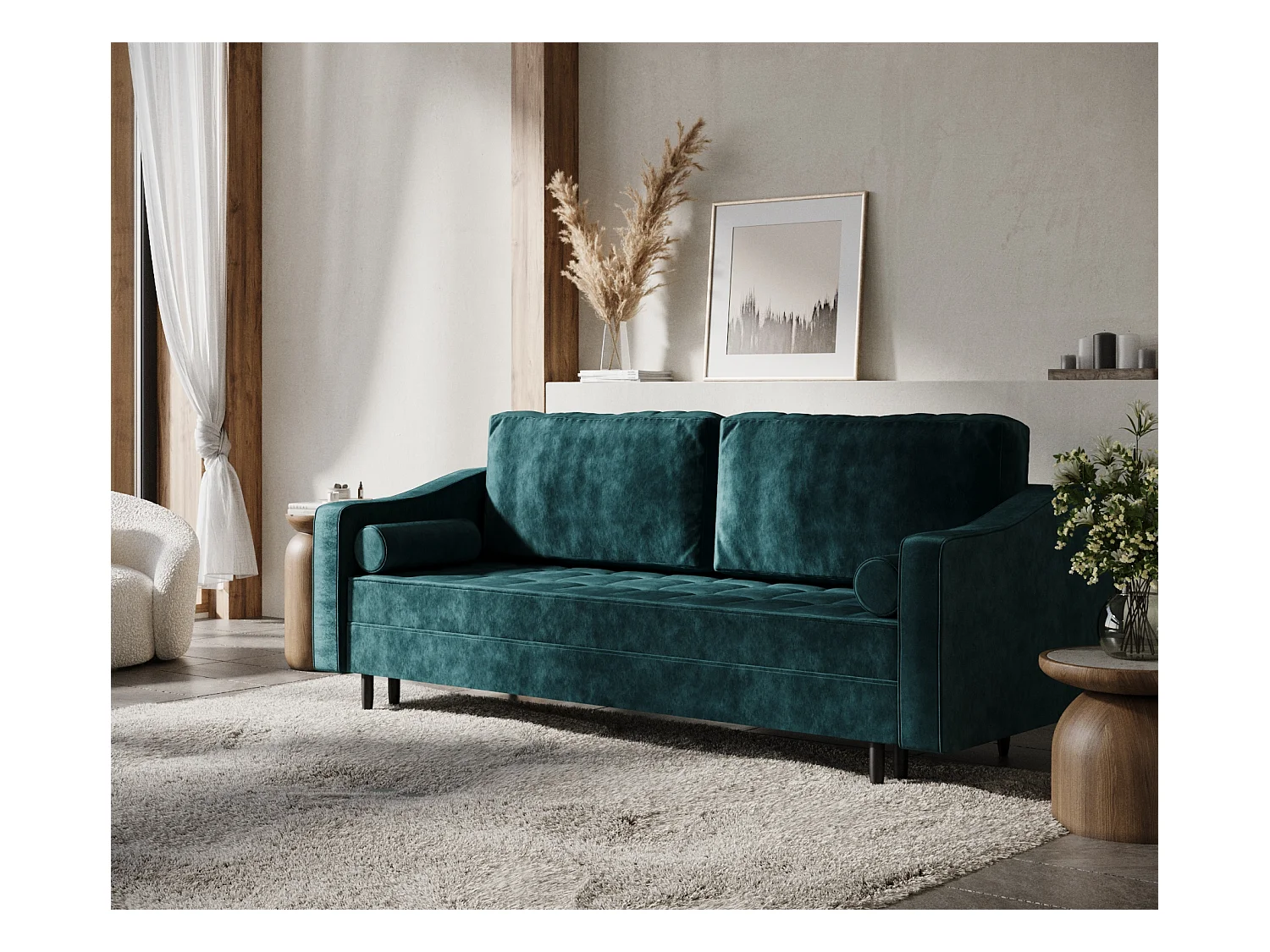 Sofa mit Schlaffunktion Zyia - Samtstoff - Drei-Personen - türkisfarben