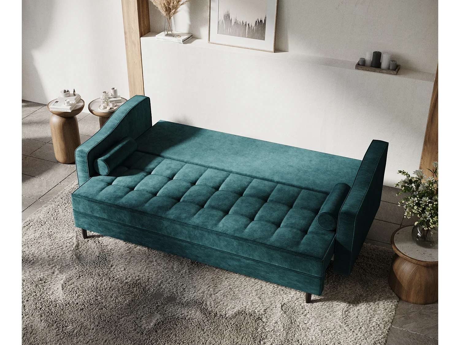 Canapé convertible Zyia - velours - 3 places - turquoise