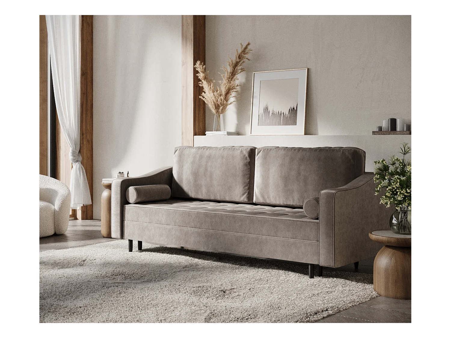 Sofa mit Schlaffunktion Zyia - Samtstoff - Drei-Personen - taupe