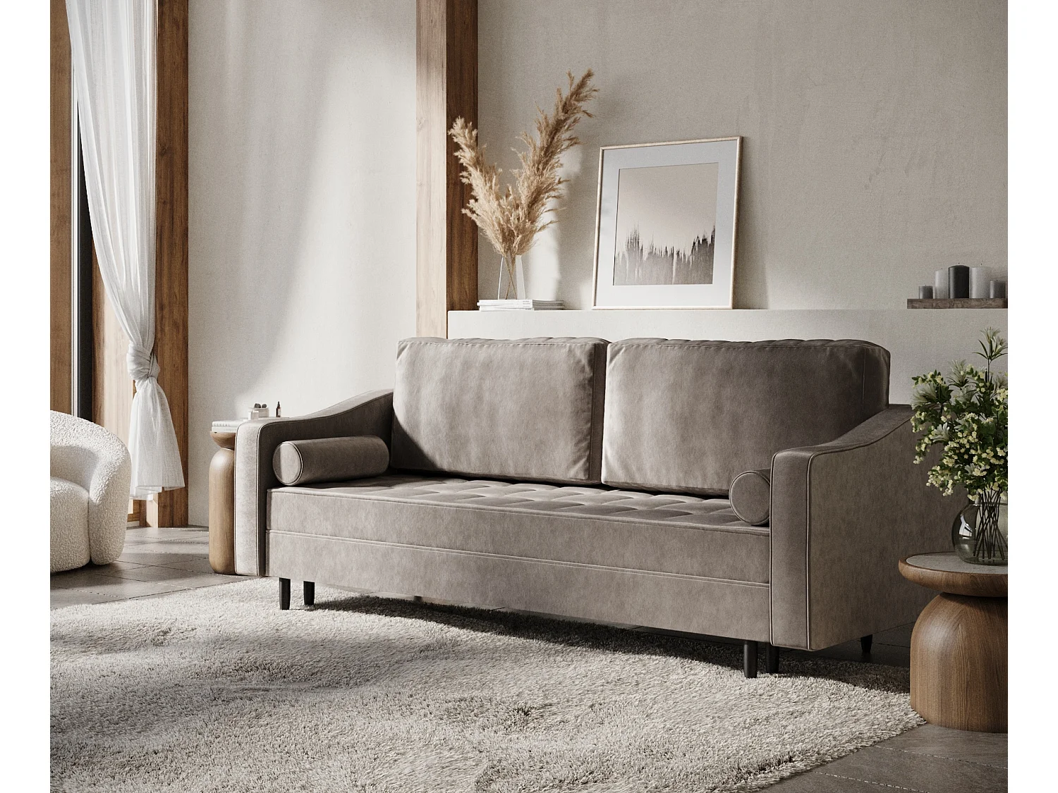 Canapé convertible Zyia - velours - 3 places - taupe