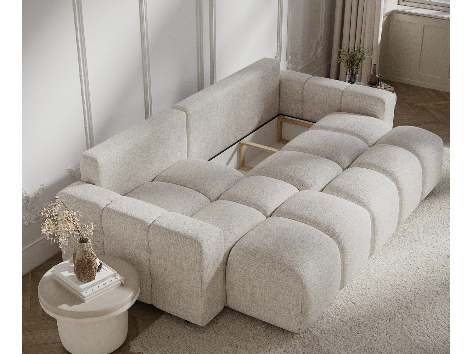 Canapé d'angle convertible Ucci - toile tissée - 4 places - beige