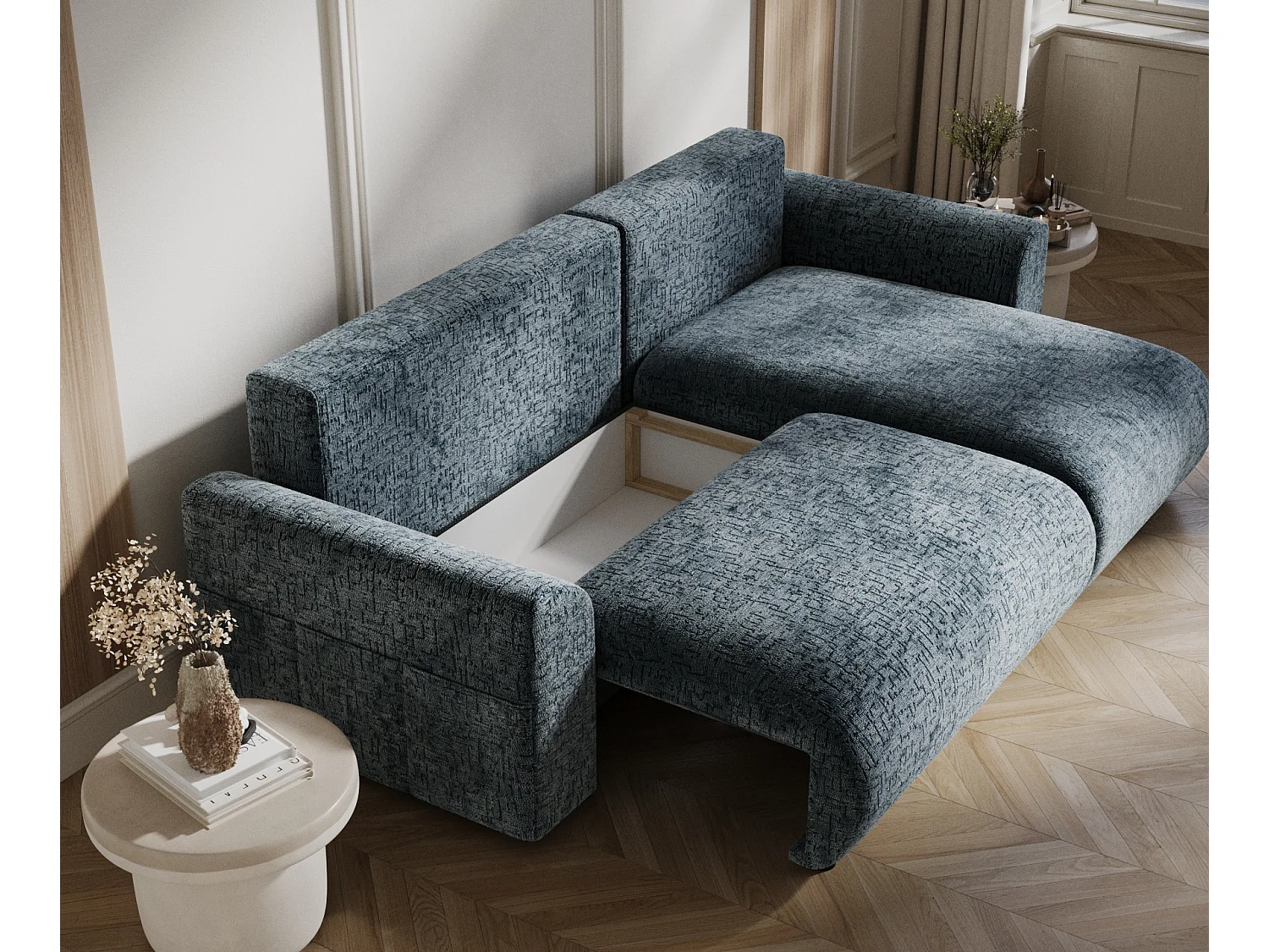 Canapé d'angle convertible Bodega - chenille - 4 places - bleu